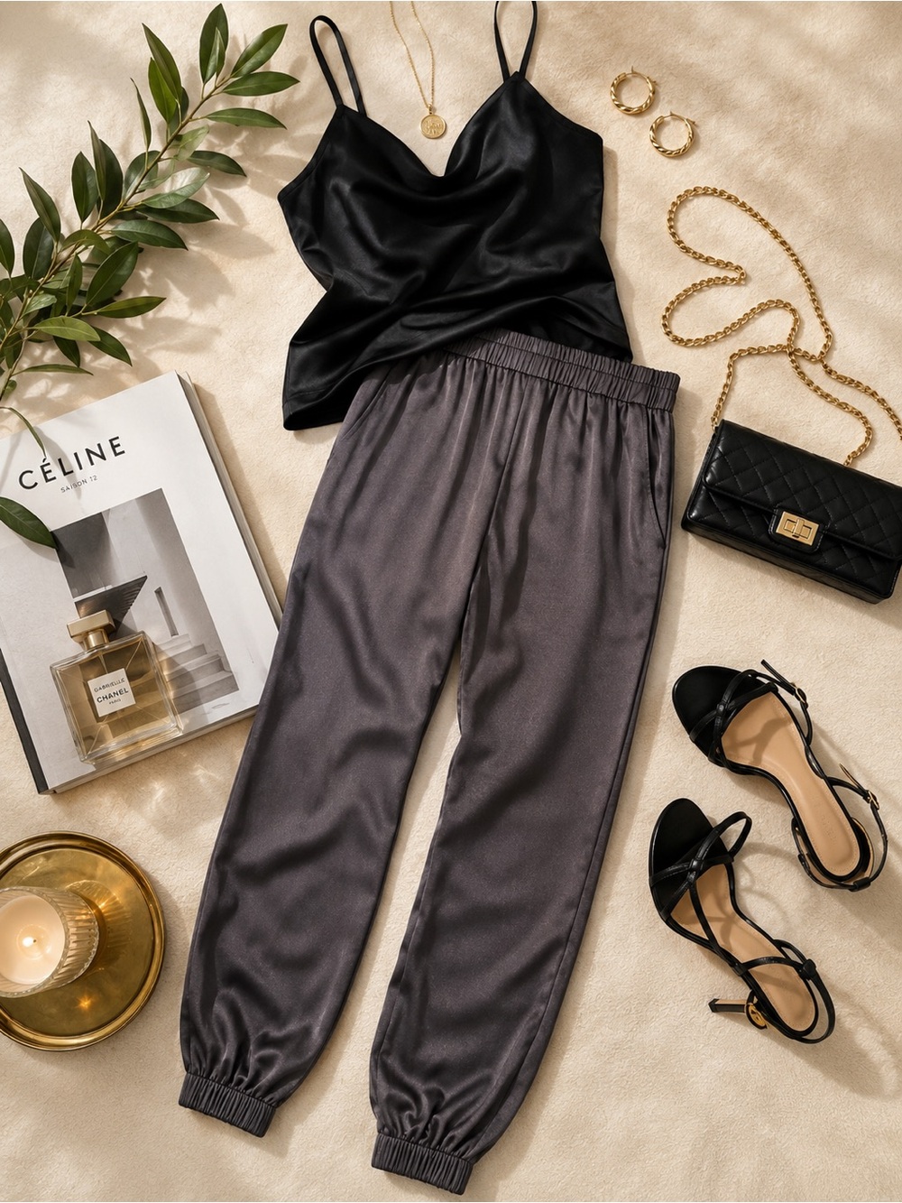 ANIMARI Charcoal Satin Feel Jogger Pants Quiet Luxury Lounge Resort Chic Sporty - Picture 2 of 15
